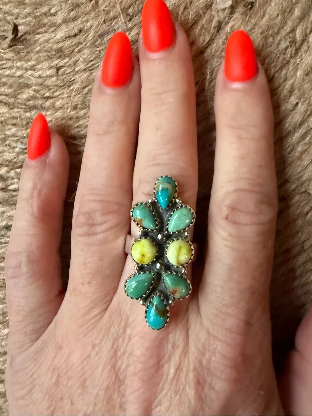 Turquoise and Palomino  Stone Flower Sterling Silver Ring - Stamped 925
